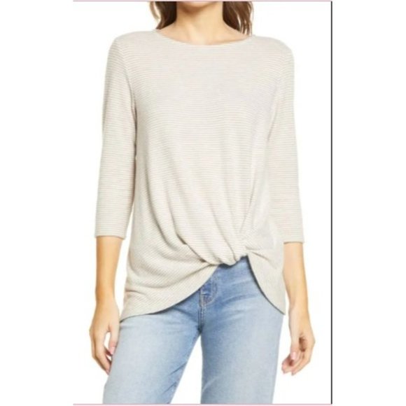 NWT Gibson Look Oatmeal/Ivory Striped Twisted Front Top Size XX - Picture 1 of 7